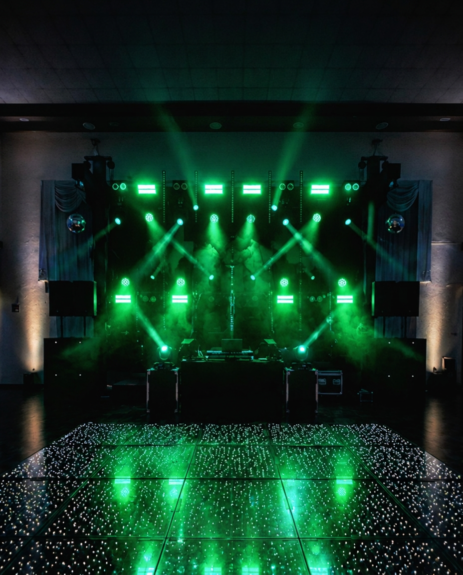 Palco com iluminação cênica verde em festa de formatura