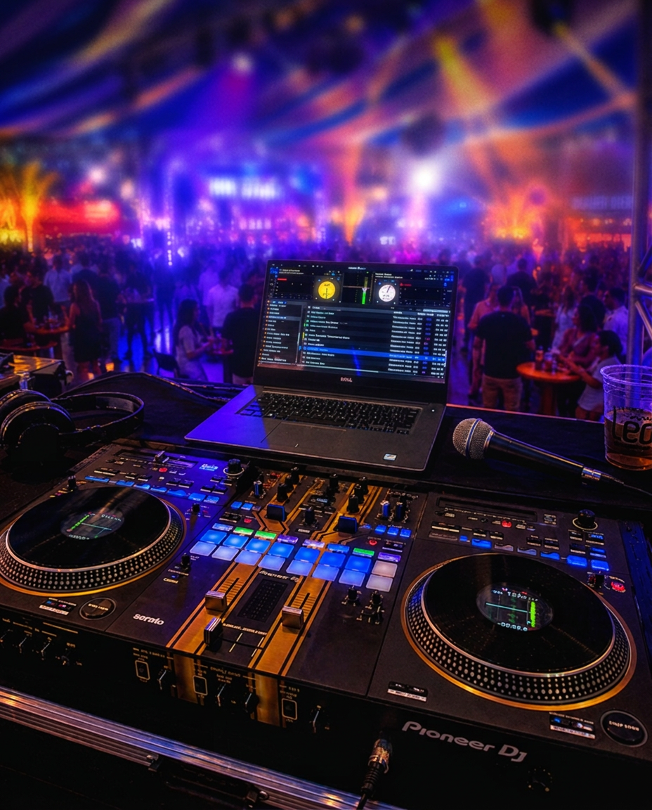 Mesa de som e equipamentos do DJ durante o evento